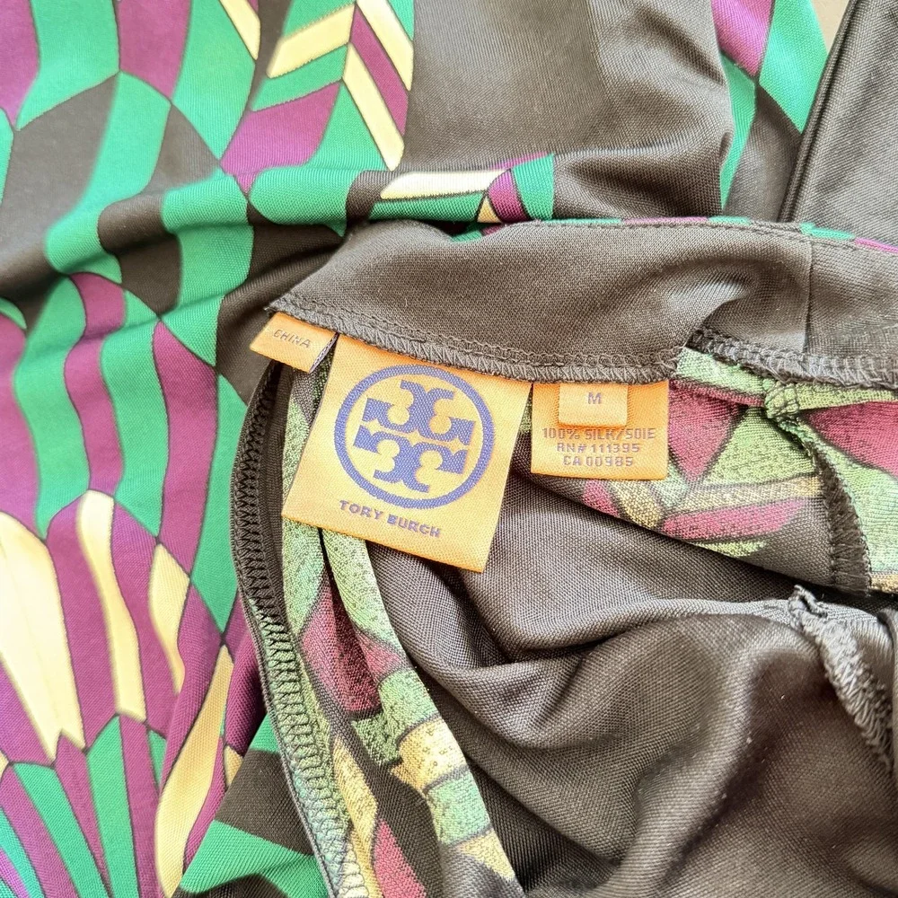 Tory Burch 100% Silk Dress Womens M Black Teal Geometric Aztec Resort Career
